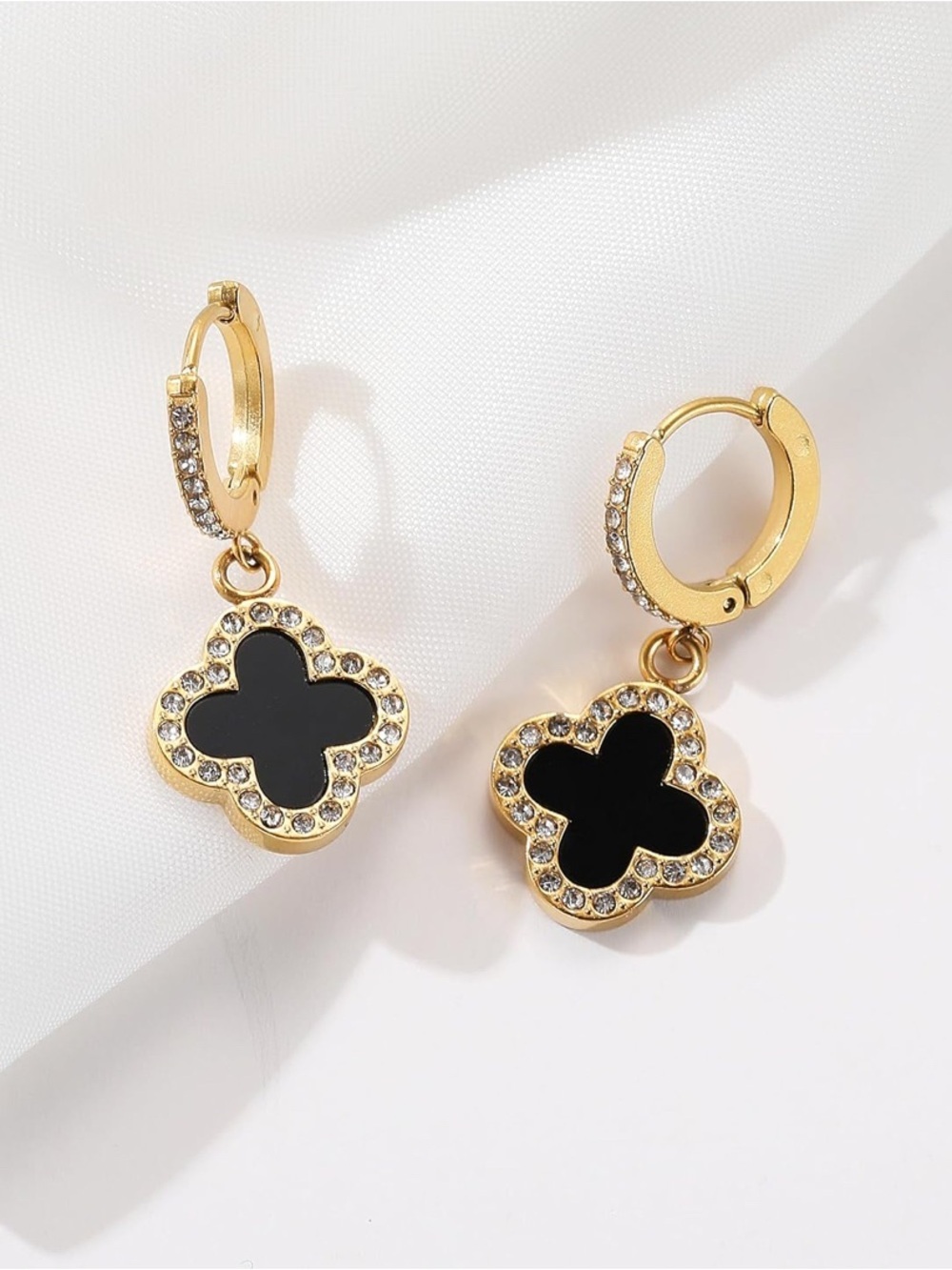 New! 18k Gold Plated Black Clover Drop Hoop Earrings
